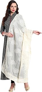 Women's Embroidered Ivory Cotton Kota Doria dupatta.