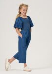 Savanah Broderie Sleeve Shirred Denim Jumpsuit