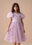 Ines Purple Embellished Puff Sleeve Dress