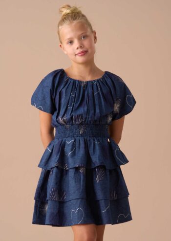 Eva Blue Foil Print Denim Tiered Dress