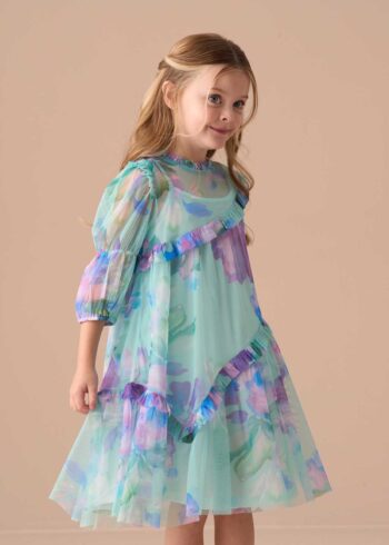 Beatrice Blue Mesh Asymmetric Frill Dress