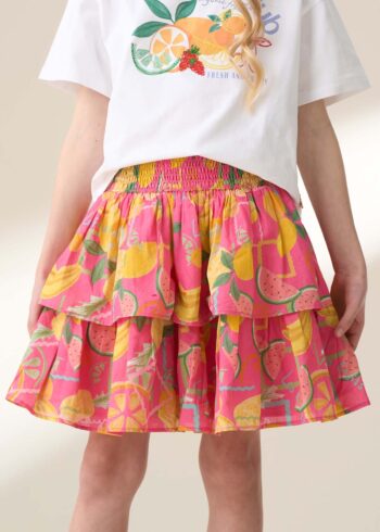 Eliana Pink Tiered Fruit Print Skirt Pink
