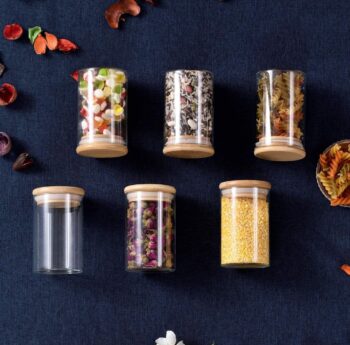 Glass Food Storage Containers | Airtight Glass Jars with Bamboo Wooden Lids kitchen Canisters Set (Transparent)