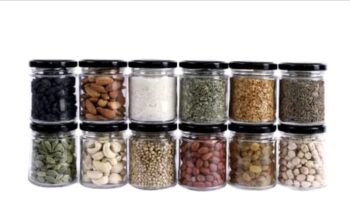Transparent Glass Containers for spices, sugar, nuts, tea, coffee & kitchen storage with Air tight black lid